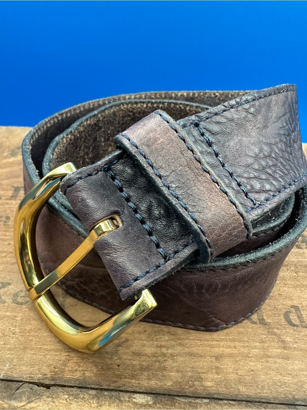 J.Crew Vintage Wide Pebbled Leather Belt – Deep Espresso/Plum, Gold Buckle, XS
